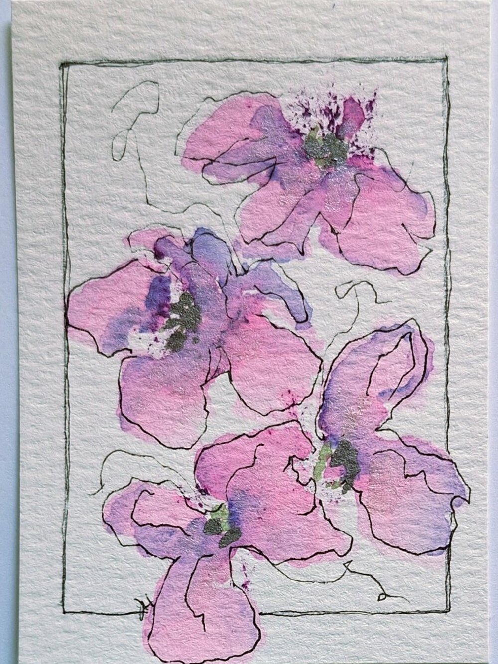 Original ACEO Watercolor Purple Floral with Iridescent Accents OOAK Ships Free